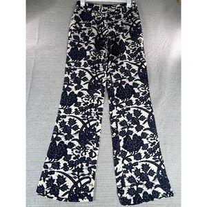 Ann Taylor Loft Womens Sz 10‎ Linen Blend Floral Pants Navy Cream Straight Leg